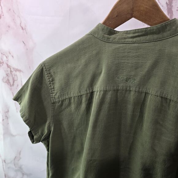 Columbia Shirt Womens XL Green Linen Button Vintage Camp Short Sleeve Mandarin - Picture 7 of 13